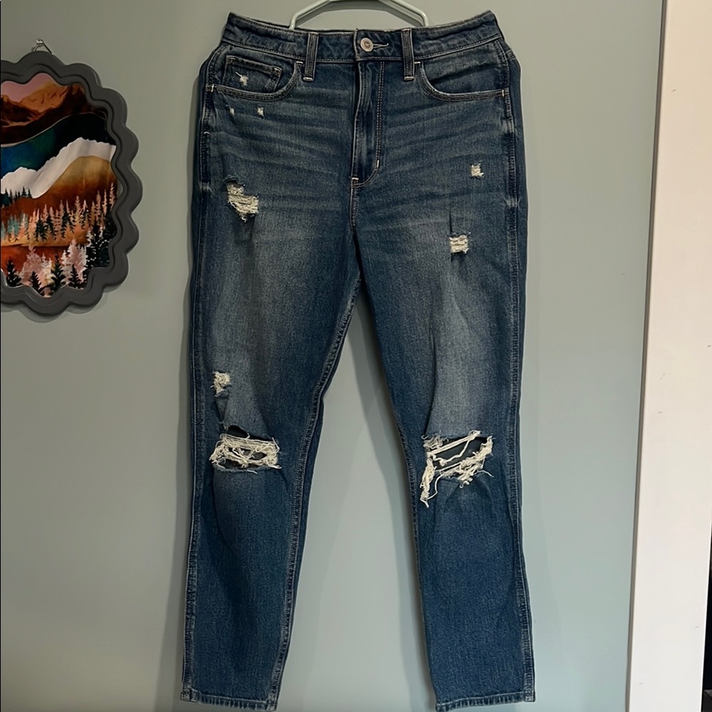 Distressed Blue high High-Rise Mom Jeans